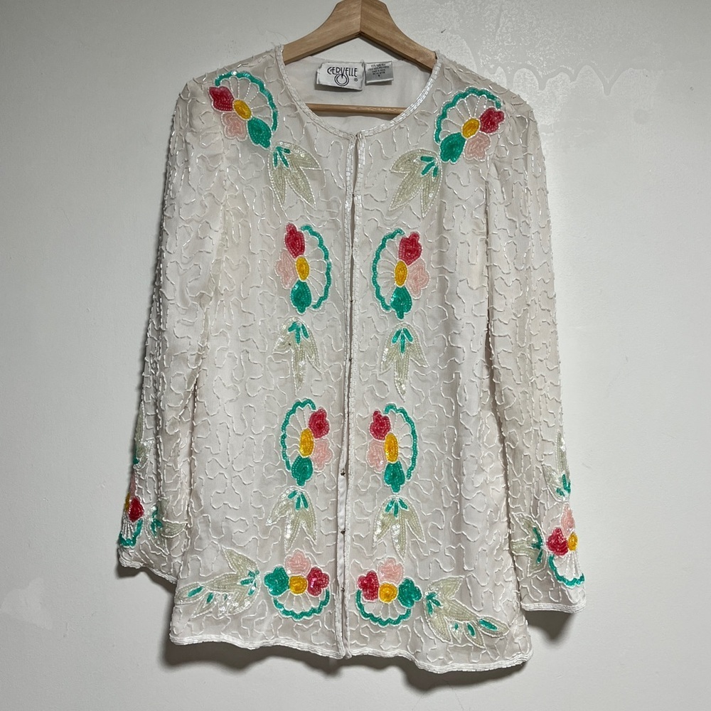 Vintage Cervelle White Beaded Floral Jacket – 100% Silk, Made in India, Small